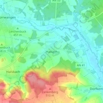 Topografische kaart Haslach, hoogte, reliëf