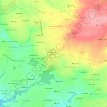 Topografische kaart Kerouman, hoogte, reliëf