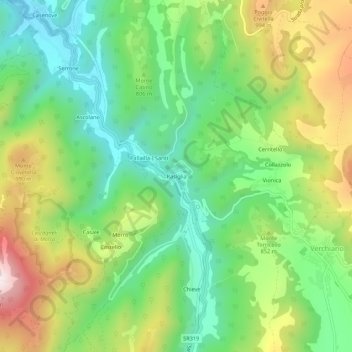 Topografische kaart Rasiglia, hoogte, reliëf