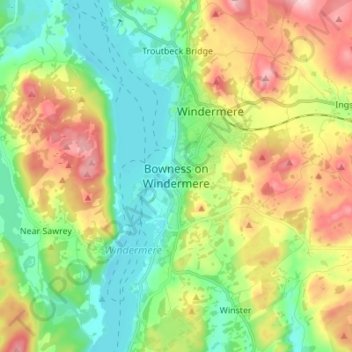 Topografische kaart Bowness-on-Windermere, hoogte, reliëf