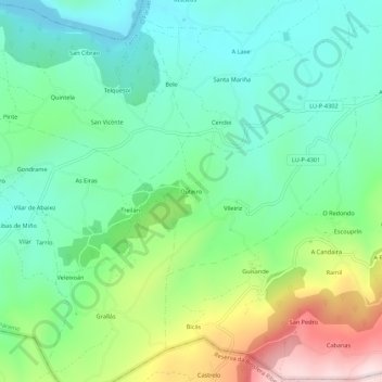 Topografische kaart Outeiro, hoogte, reliëf