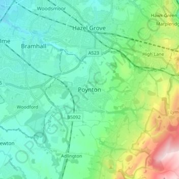 Topografische kaart Poynton, hoogte, reliëf