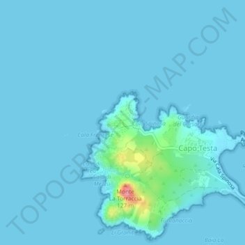 Topografische kaart Capo Testa, hoogte, reliëf