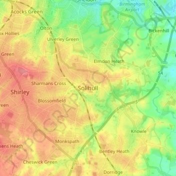 Topografische kaart Solihull, hoogte, reliëf