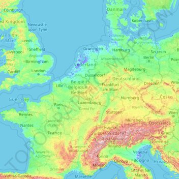 Topografische kaart Luxemburg, hoogte, reliëf