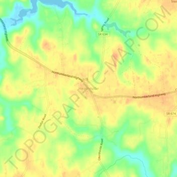 Topografische kaart Heathsville, hoogte, reliëf