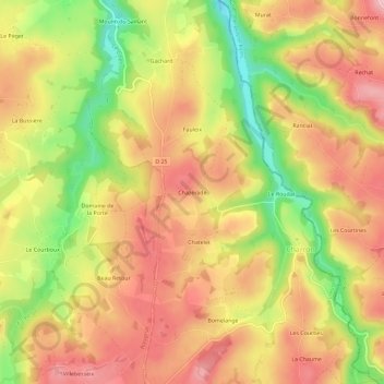 Topografische kaart Chazérade, hoogte, reliëf