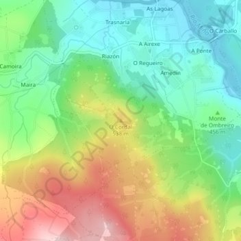 Topografische kaart O Cordal, hoogte, reliëf