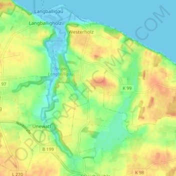 Topografische kaart Unewattholz, hoogte, reliëf