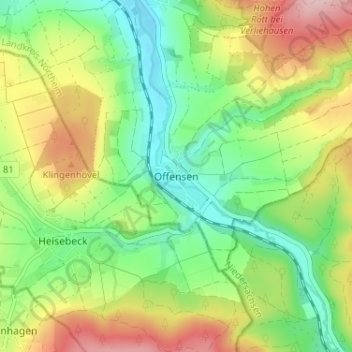 Topografische kaart Offensen, hoogte, reliëf