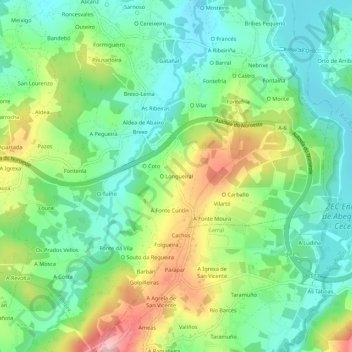 Topografische kaart O Longueiral, hoogte, reliëf
