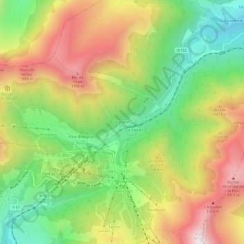 Topografische kaart Le Lioran, hoogte, reliëf