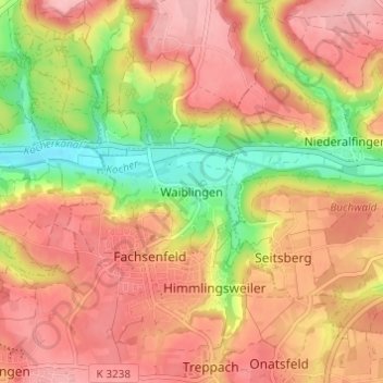 Topografische kaart Waiblingen, hoogte, reliëf