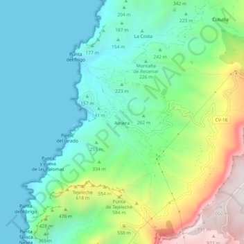 Topografische kaart Alojera, hoogte, reliëf