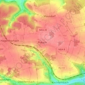Topografische kaart Pirkach, hoogte, reliëf