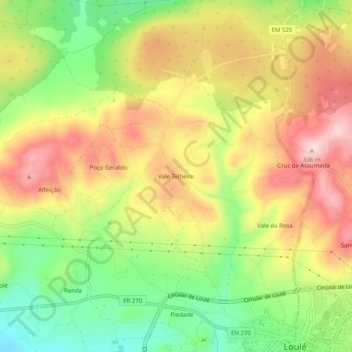 Topografische kaart Vale Telheiro, hoogte, reliëf