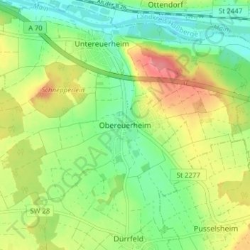 Topografische kaart Obereuerheim, hoogte, reliëf