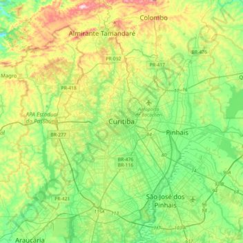 Topografische kaart Curitiba, hoogte, reliëf