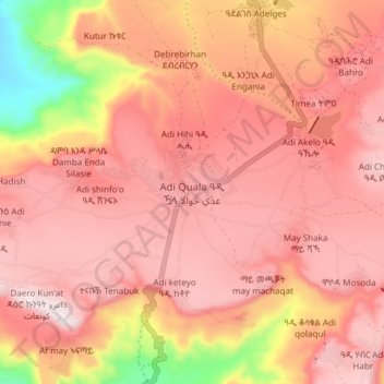 Topografische kaart Adi Kwala, hoogte, reliëf
