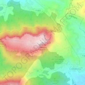 Topografische kaart Mola de Colldejou, hoogte, reliëf