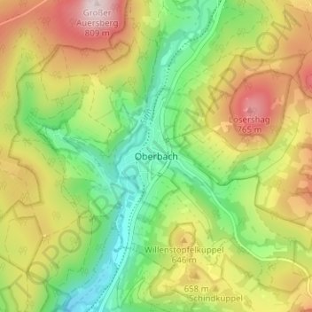 Topografische kaart Oberbach, hoogte, reliëf
