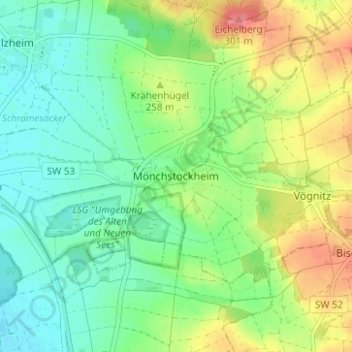 Topografische kaart Mönchstockheim, hoogte, reliëf