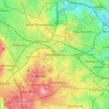Topografische kaart Smethwick, hoogte, reliëf