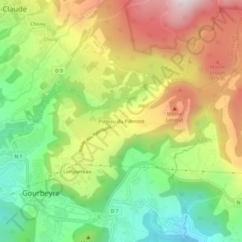 Topografische kaart Plateau du Palmiste, hoogte, reliëf