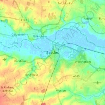 Topografische kaart Beccles, hoogte, reliëf