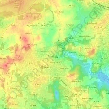 Topografische kaart Kergourgan, hoogte, reliëf