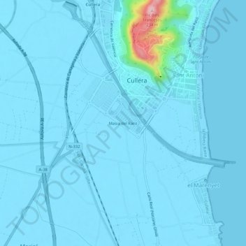 Topografische kaart Masia del Raco, hoogte, reliëf