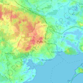 Topografische kaart Putbus, hoogte, reliëf