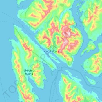 Topografische kaart Ketchikan, hoogte, reliëf