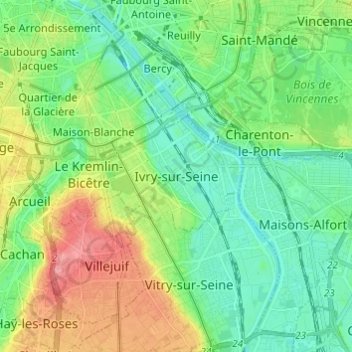 Topografische kaart Ivry-sur-Seine, hoogte, reliëf