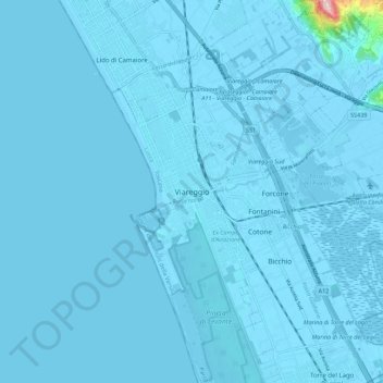 Topografische kaart Viareggio, hoogte, reliëf