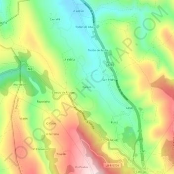 Topografische kaart Fontes, hoogte, reliëf