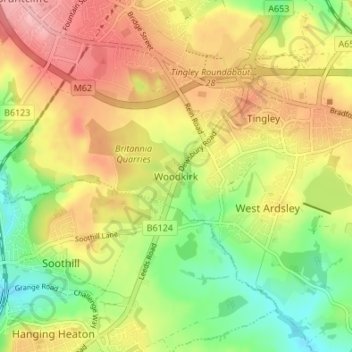 Topografische kaart Woodkirk, hoogte, reliëf