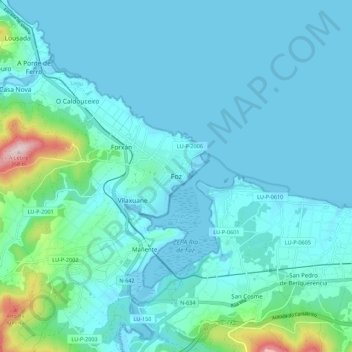 Topografische kaart Foz, hoogte, reliëf