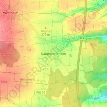 Topografische kaart Kaltensondheim, hoogte, reliëf