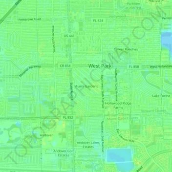 Topografische kaart Miami Gardens, hoogte, reliëf