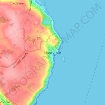 Topografische kaart Mousehole, hoogte, reliëf
