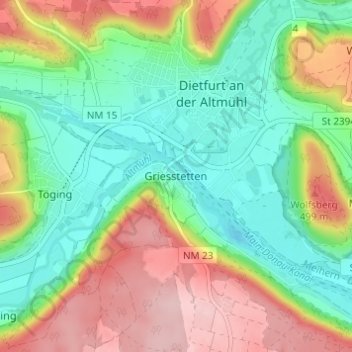 Topografische kaart Griesstetten, hoogte, reliëf