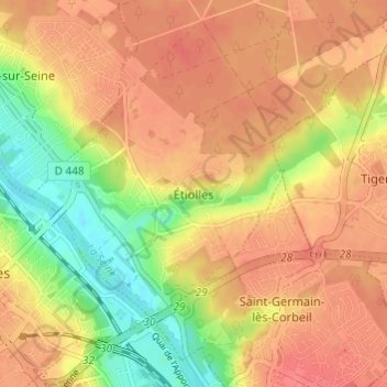 Topografische kaart Étiolles, hoogte, reliëf