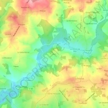 Topografische kaart Bret, hoogte, reliëf