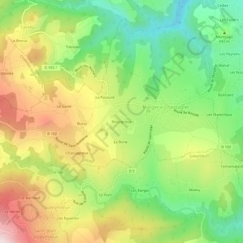 Topografische kaart Rossigneux, hoogte, reliëf
