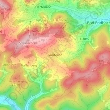 Topografische kaart Günterod, hoogte, reliëf