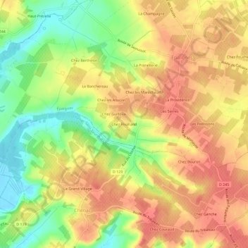 Topografische kaart Chez Rivalland, hoogte, reliëf