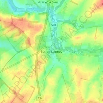 Topografische kaart Sutton Scotney, hoogte, reliëf