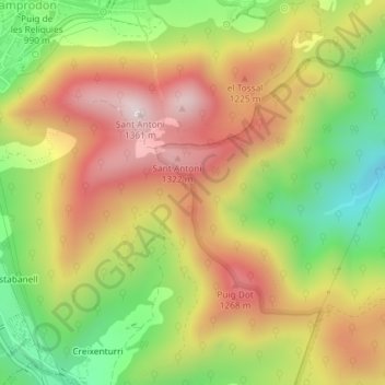 Topografische kaart Collet d'en Sivilla, hoogte, reliëf