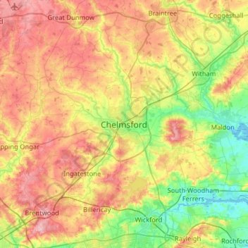 Topografische kaart Chelmsford, hoogte, reliëf